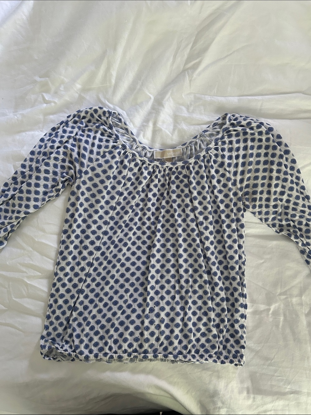 Michael Kors Navy and White Dot Long-Sleeve Peasant Top